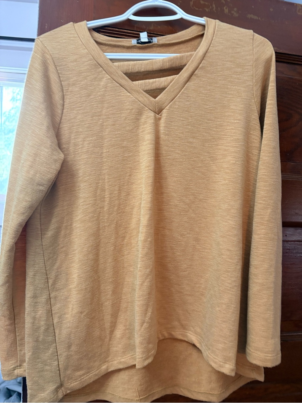 white birch women’s Long Sleeve V-Neck Sweater in Mustard Gold
